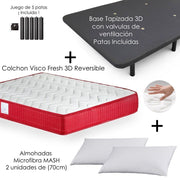 PACK COLCHON CONFORT + BASE TAPIZADA 3D + 2 ALMOHADAS MICROFIBRA