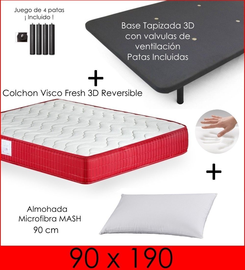 PACK COLCHON CONFORT + BASE TAPIZADA 3D + 2 ALMOHADAS MICROFIBRA
